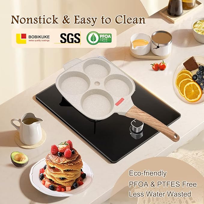 Egg Pan Fried Egg Pan, Egg Frying Pan with Lid Nonstick 4 Cups Pancake Pan Aluminium Alloy Cooker for Breakfast, Gas Stove & Induction Compatible (White)