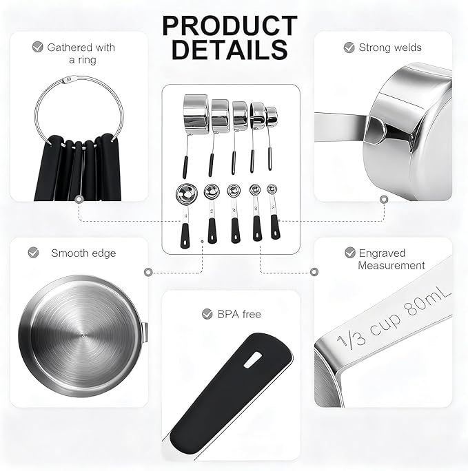 Measuring Cups and Spoons Set Stainless Steel 10 Piece for Cooking and Baking (5 Cups + 5 Spoons, Black Handle)