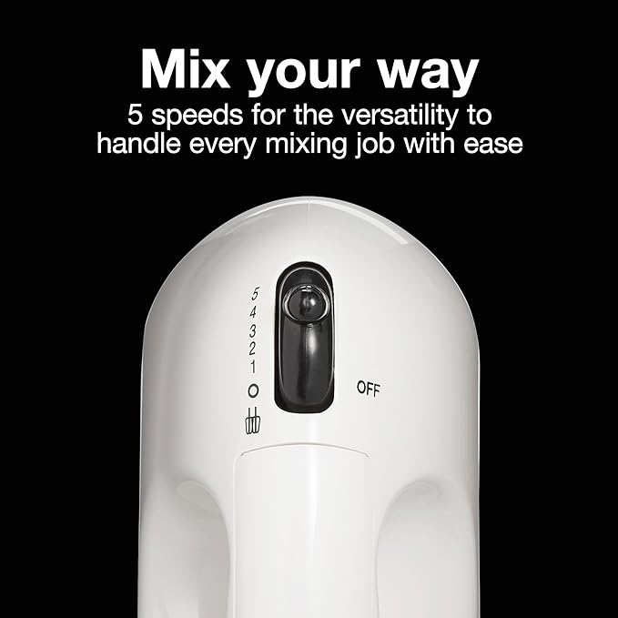 Proctor Silex Easy Mix 5-Speed Electric Hand Mixer with Bowl Rest, Compact and Lightweight, 100 Watts of Peak Power, White (62515PS)
