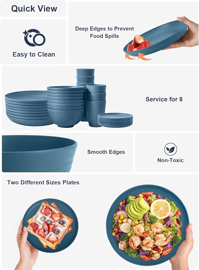 Homienly Wheat Straw Plates and Bowls Set, Premium Wheat Straw Dinnerware Sets- Dinner Plate, Dessert Plates, Cereal Bowls, Drinkig Glasses, Microwave and Dishwasher Safe Dish Set for Camping - Blue