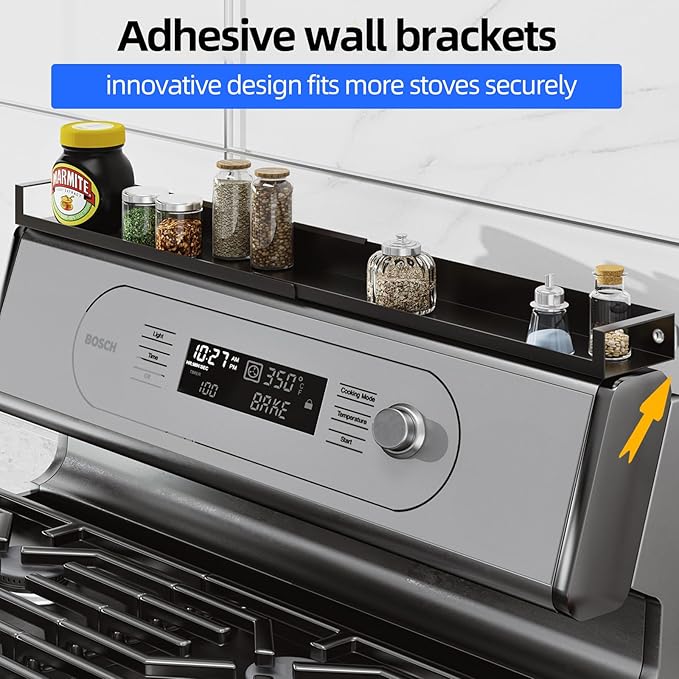 4X Strong Magnetic Shelf for Stove Top, Adjustable 15-30 Inches, Fits Various Stove Lengths, Kitchen Organizer, Holds Spices, Condiments and BBQ Sauces (Matte Black)