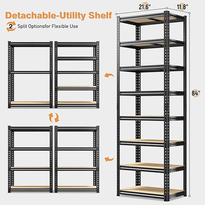 8 Tier Storage Shelves, Shelving Unit Load 400LBS Per Shelf, Adjustable and Divisible Garage Shelving, Shelving Units and Storage for Laundry Room, Pantry, Kitchen, Closet, 21.6"W x 11.8"D x 84"H
