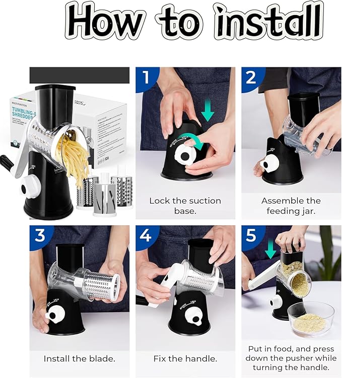 Rotary Cheese Grater Hand Crank, Grater For Kitchen With Reinforced Suction - Rotary Cheese Grater With 3 Replaceable Stainless Steel Blades - Easy to Use & Clean - Vegetable Cutter (Black)
