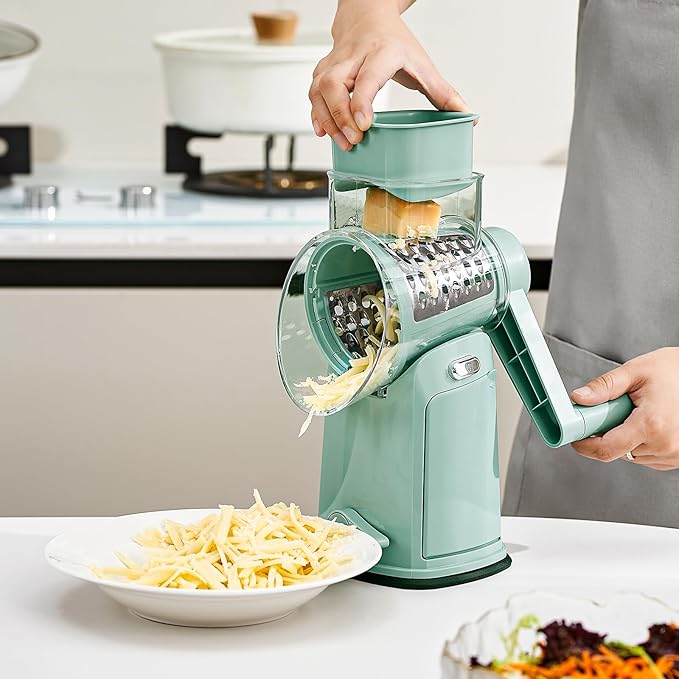 Rotary Cheese Grater Hand Crank, 5 in 1 Mandoline Vegetable Slicer - 5 Sets of Blades,Strong Suction Base&Easy to Clean - Kitchen Cheese Grater Shredder with Handle for Fruit,Vegetable,Nuts