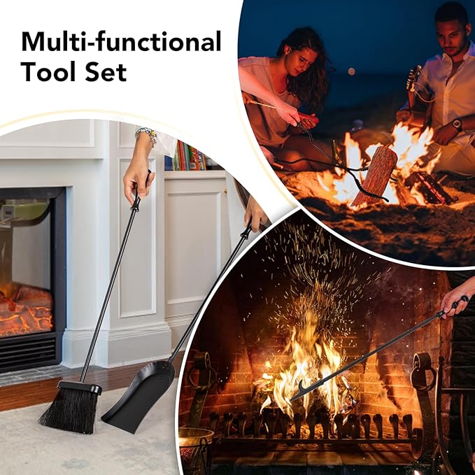 nalone 5 Pieces Fireplace Tools Set with Upgraded Tong, Heavy Duty Wrought Iron Fireplace Accessories Set with Poker, Tong, Shovel, Brush