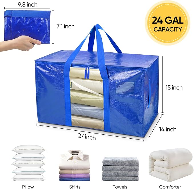 BALEINE 6-Pack Oversized Moving Bags with Reinforced Handles, Heavy-Duty Storage Tote Moving Supplies for Packaging, Camping (Blue w/Window, 6-Pack)