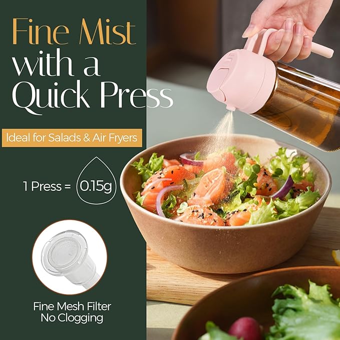 YARRAMATE 16oz/470ml Light Blocking Oil Sprayer for Cooking with Stickers, Food-Grade 2 in 1 Olive Oil Dispenser Bottle for Kitchen, Premium Dark Amber Glass Oil Bottle for Air Fryer, BBQ (PeachPink)
