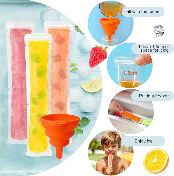 FEBSNOW 200 Disposable Ice Popsicle Bags BPA Free Freezer Tubes With Zip Seals For Snacks,Yogurt Sticks,Juice & Fruit Smoothies,Ice Candy Pops Comes With A Funnel (7.5"x2") (200, Transparent, 7.5"x2")
