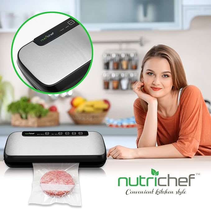 NutriChef Stainless Steel Vacuum Sealer For Food - High-Power Machine with Adjustable Suction, Dry & Moist Modes, LED Lights, Bags, Wine Stopper & Hose, Easy Plug-in Design, Lab-Tested Food Storage