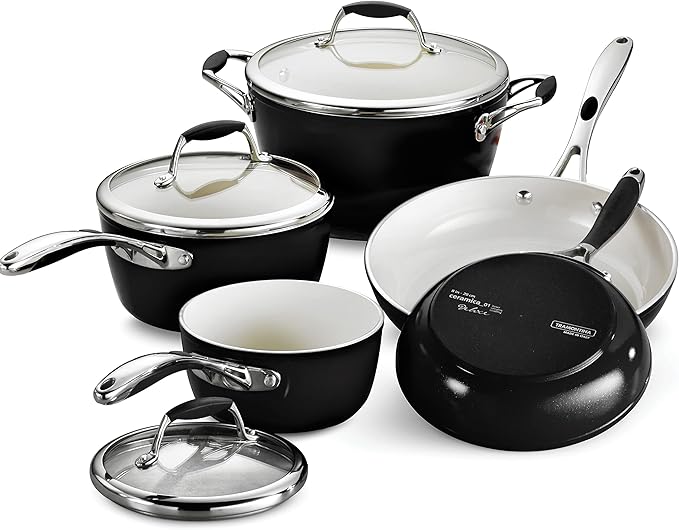 Tramontina Ceramica Deluxe 8-Piece Cookware Set with Lids, Ceramic Non Stick Pots and Pans Kitchen Set, Oven-Safe, Metallic Black