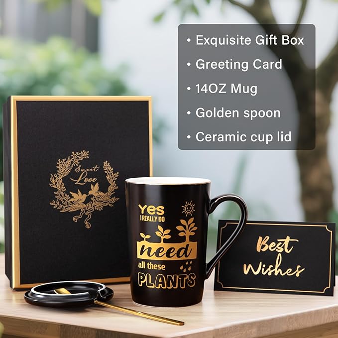 Crazy Gardening Gifts for Women Men - Plant Lover Gift Coffee Mug, Garden Gifts for Gardeners, Plant Lady, Mom, Dad, Son, 14oz Black Ceramic Mug with Gold Print, Lid, Spoon Card, Luxury Gift Boxed