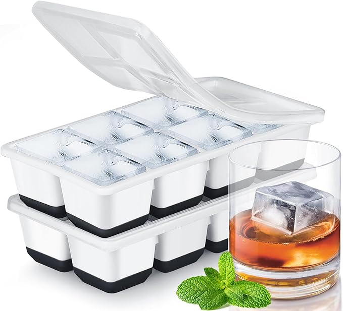 Large Ice Cube Trays with Lid, Jrisbo 2 Pack Stackable Silicone Ice Cube Molds for Freezer, Easy Release 16 Big Square Ice Trays for Whisky Cocktails (Black)