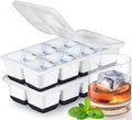 Large Ice Cube Trays with Lid, Jrisbo 2 Pack Stackable Silicone Ice Cube Molds for Freezer, Easy Release 16 Big Square Ice Trays for Whisky Cocktails (Black)