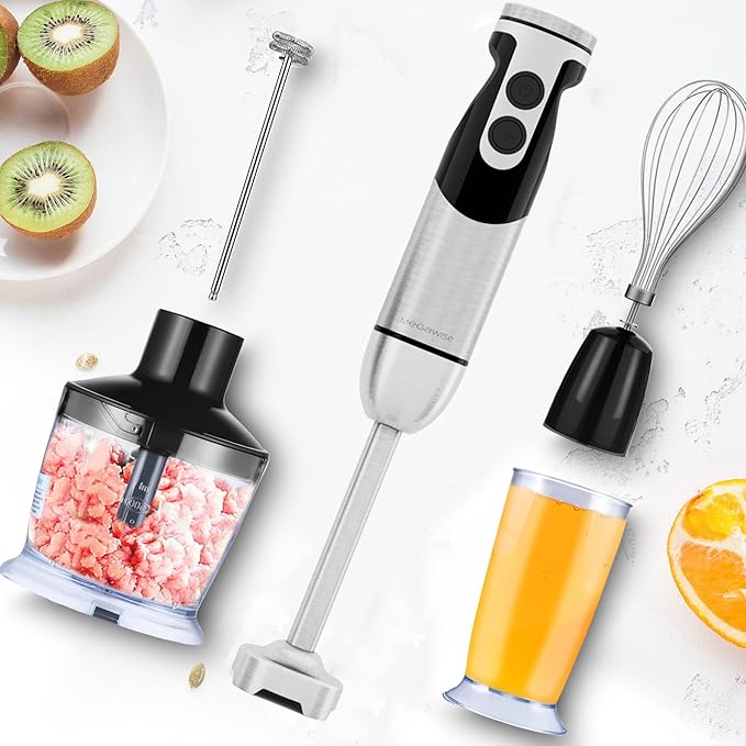 MegaWise Pro Titanium Reinforced 5-in-1 Immersion Hand Blender, Powerful Motor with 80% Sharper Blades, 12-Speed Corded Blender, Including 500ml Chopper, 600ml Beaker, Whisk and Milk Frother (Black)