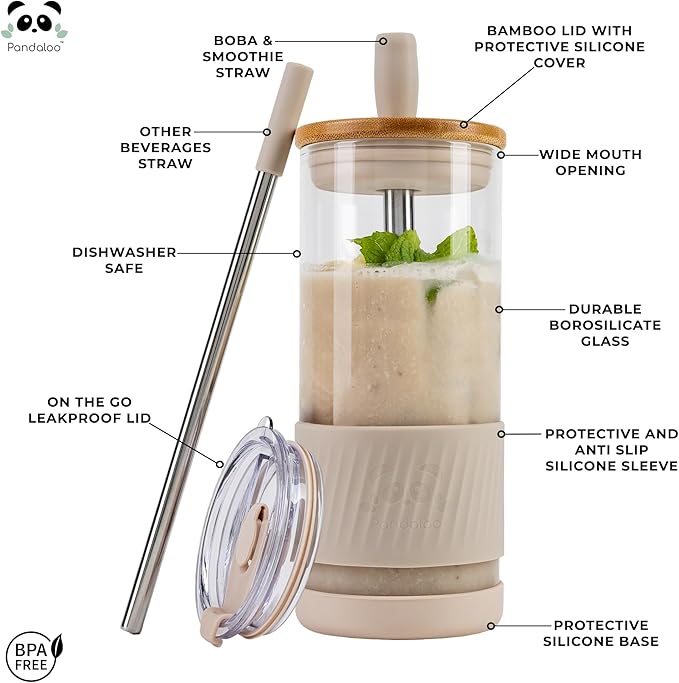 Pandaloo® Glass Cups With Lids and Straws -20 Fl Oz- Perfect Size Iced Coffee Cup - Smoothie Cup With Bamboo Lid and On the go Lid - Glass Tumbler (2 Count (Pack of 1), Lilac-Creamy Mushroom)