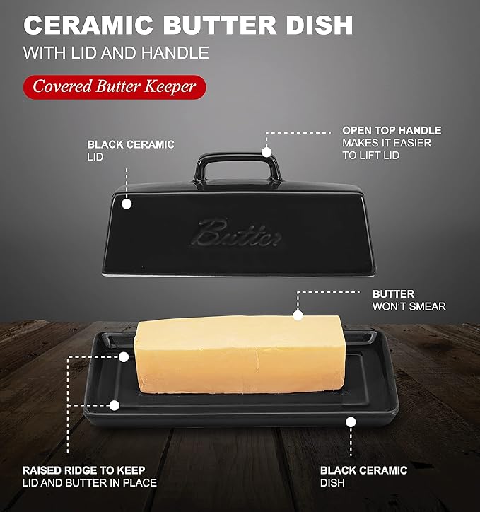 Bruntmor Ceramic Butter Dishes With Lid. Butter Holder/ Tray/ Storage With Lid And Handle. Porcelain Butter Keeper For Countertop. Butter Dish With Cover In Black Color.