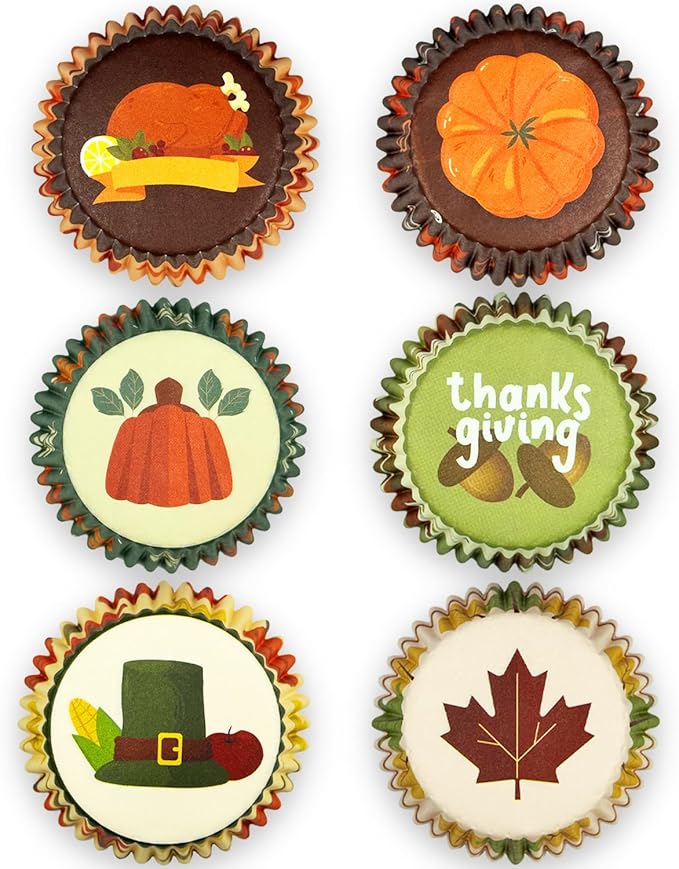 qiqee Cupcake Liners Thanksgiving Papers Baking Cups Wrappers for Thanksgiving Party Festival Holiday Baking Essentials (Standard 300-Count Food Grade Design)