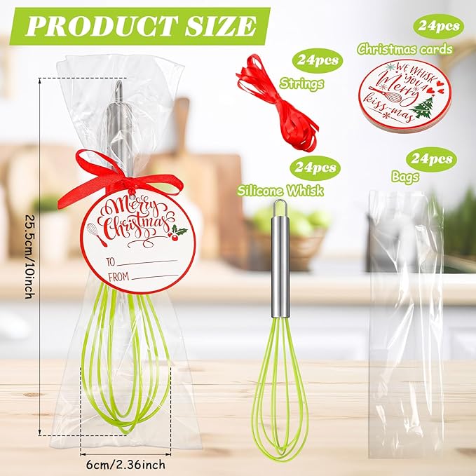 24 Sets 10 Inch Christmas Whisks Gifts DIY Fillable Christmas Tree Ornaments Xmas Colored Silicone Whisks for Cooking Heat Resistant Egg Beaters with Card Rope Bag for Candy Holder