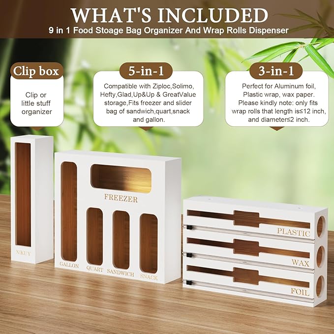 Bamboo Foil and Plastic Wrap Organizer for Kitchen Drawer, 2024 New 9 in 1 Plastic Bag Organizer Organization and Storage, Food Storage Bag Organizer with Labels for Quart Gallon Snack (White)