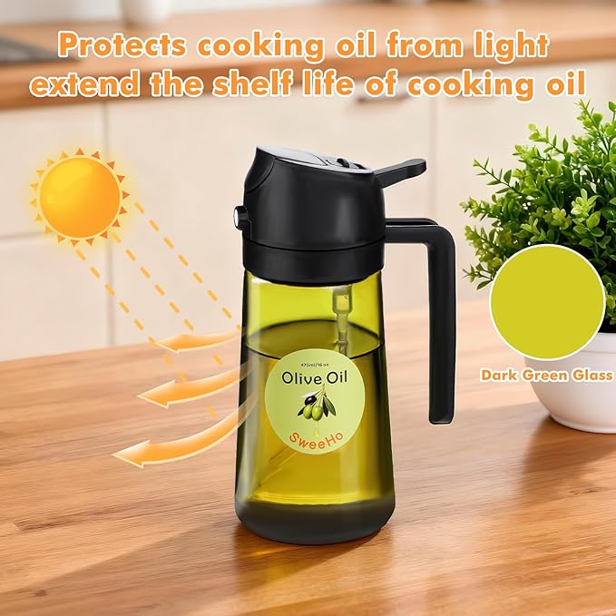 Oil Sprayer for Cooking,470ml Cooking Olive Oil Sprayer and Oil Dispenser 2 In 1, Food-grade Glass Oil Spray Bottle Mister for Air Fryer, BBQ, Griddle (Black+dark green glass and color label)