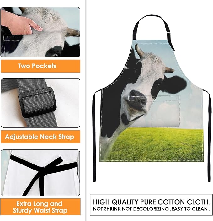 Britimes Apron Home Kitchen Waterproof Cooking Baking Gardening for Women Men With Pockets Funny Cow On Green Grassland 32x28 inch