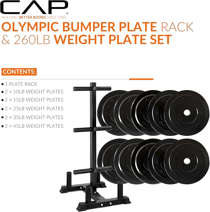 CAP Barbell 2-Inch Olympic Bumper Plate Weight Set with 6 Post Rack | 100-370 lbs | Multiple Options