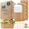 MINCOCO 50 Count Paper Bowls Disposable Meal Prep Containers with Lids【Includes 50 Wooden Forks + 100 Labels】 Salad Food Containers Freezer & Microwave Safe Leakproof Soup Bowls (29 Ounce, 50-Count)