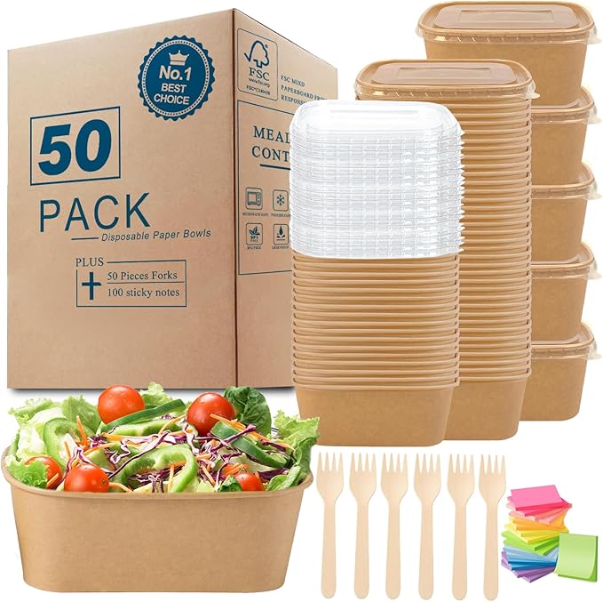 MINCOCO 50 Count Disposable Paper Bowls with Lids Meal Prep Containers 【Includes 50 Wooden Forks + 100 Labels】 Salad Food Containers Freezer & Microwave Safe Leakproof Soup Bowls (35 Ounce, 50-Count)