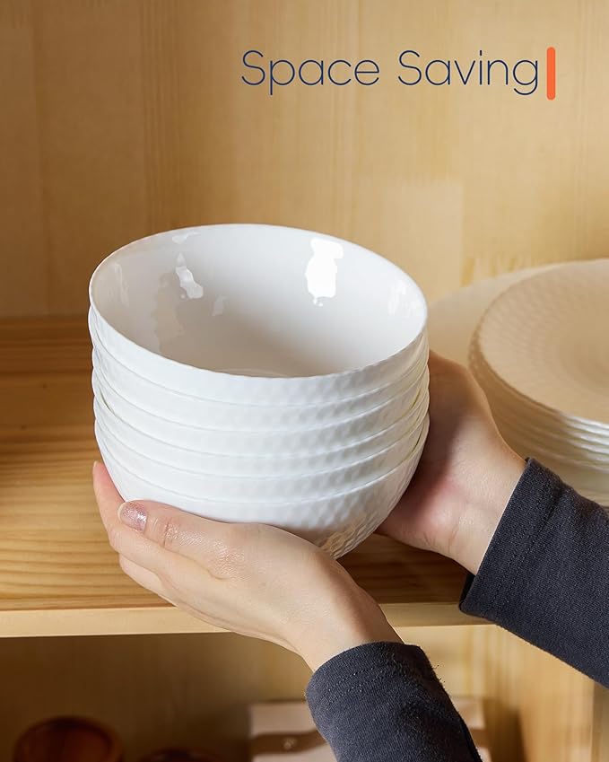 20 OZ Max White Opal Glass Cereal Bowl Set of 6, 6 inch Dishwasher & Microwave Safe Round Geometric Faceted Bowls for Kitchen, Salad, Soup and Rice