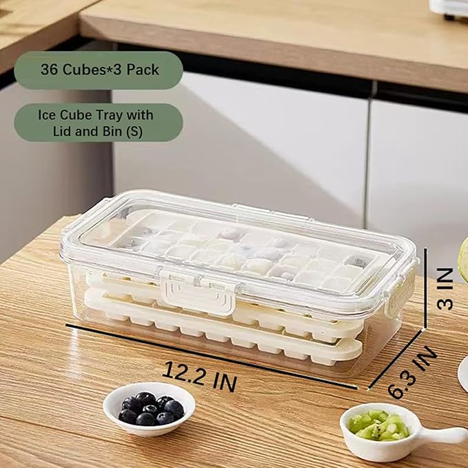 Ice Trays for Freezer with Lid and Bin,Plastic Ice Bin Container for Freezer,3 Pack Crushed Ice Cube Trays with Lids and Bin,Ice Container with Locking Lid,BPA Free,Easy to Remove