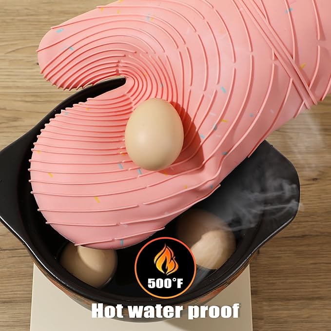 4 Pieces Oven Mitts of Macaron Color Thickened Non-Slip Silicone Kitchen Gloves, Heat Resistant up to 750F, Essential for Kitchen Baking (Pink)