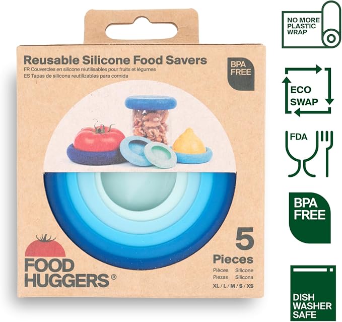 Food Huggers 5pc Reusable Silicone Food Savers | BPA Free & Dishwasher Safe | Fruit & Vegetable Produce Storage for Onion, Tomato, Lemon, Banana, Cans & More | Round, Ice Blue