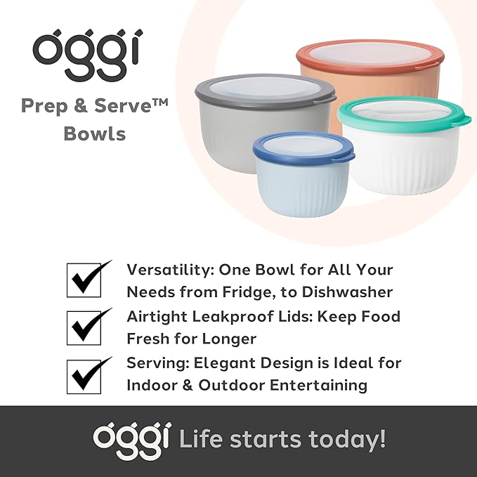 Oggi Prep, Store & Serve Plastic Bowl w/See-Thru Lid- Dishwasher, Microwave & Freezer Safe, (2.6 qt) Blue w/Dk Blue Lid