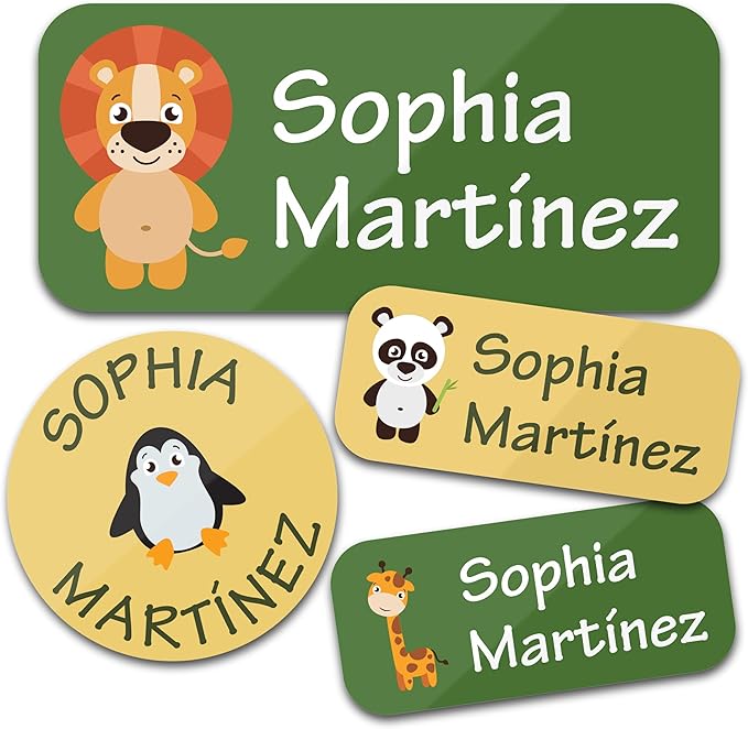 Personalized Daycare Name Labels for Kids (130 Labels) - Custom Waterproof Name Stickers for Clothing Tags, Water Bottles, Lunch Boxes and School Supplies (Animals)