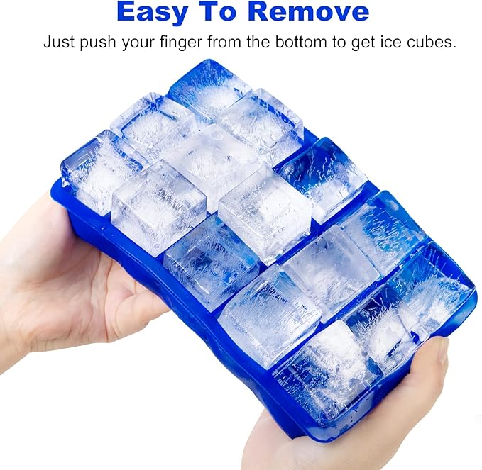 OZERA 2 Pack Silicone Ice Cube Tray, Ice Cube Trays Molds, Large Ice Cube Tray for Whiskey, Easy Release Flexible Ice Cube Molds 15 Ice Cubes for Cocktail, Blue