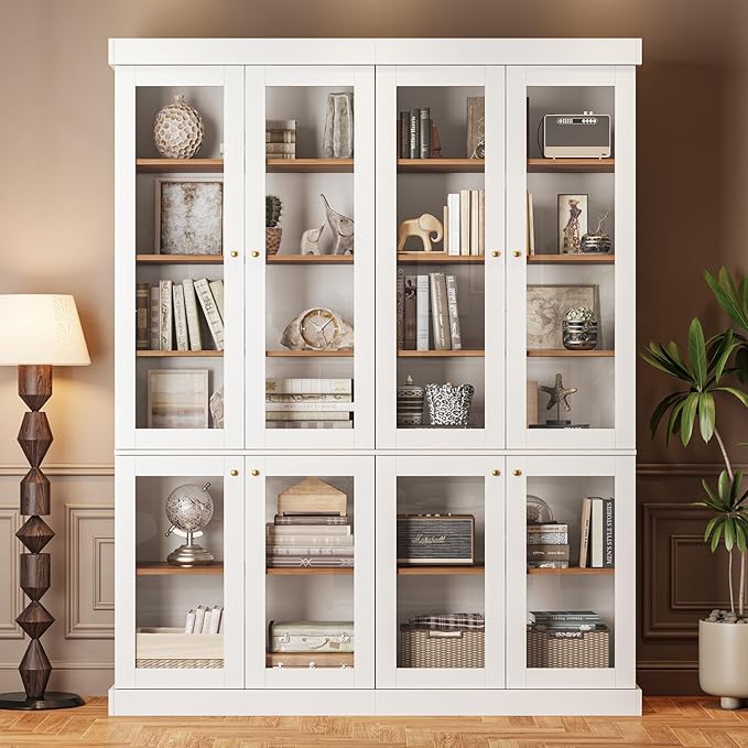 70.8" Tall Farmhouse Kitchen Pantry Cabinet with Glass Doors, Modular Storage Cabinet with 6-Tier Adjustable Shelves, White, Wooden Hutch for Kitchen, Living Room, Set of 3