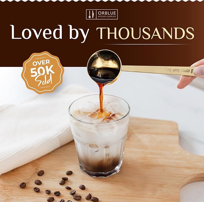 Orblue Premium Coffee Scoop Set - 1 Tbsp (15ml) & 2 Tbsp (30ml) Measuring Tablespoon - Stainless Steel Coffee Measuring Spoon and Scooper with Long Handles - Pack of 2, Light Gold
