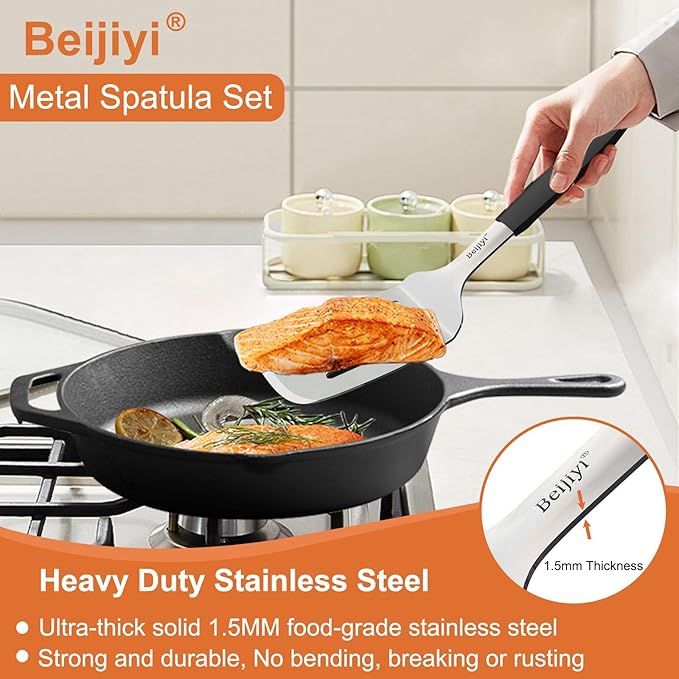 Beijiyi Stainless Steel Spatulas Set, Solid and Slotted Metal Turner Spatula for Cooking Cast Iron Skillet, Kitchen and Griddle Spatula with Full Tang Silicone Handle for Smash Burger, Pancake, Egg