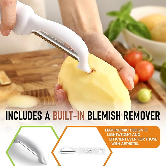 Spring Chef Premium Swivel Vegetable Peeler, Comfortable Handle and Ultra Sharp Stainless Steel Blades - Perfect Kitchen Peeler For Veggie, Fruit, Potato, Carrot, Apple - White - Set of 2