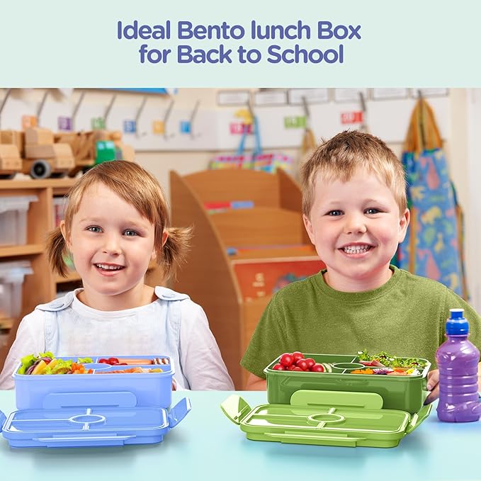 Jelife Bento Lunch Box for Kids - Large Bento-Style Leakproof Bento Boxes with 4 Compartments Lunchbox with Silverware for Kids Back to School, Reusable On-the-Go Meal and Snack Containers,Macaron