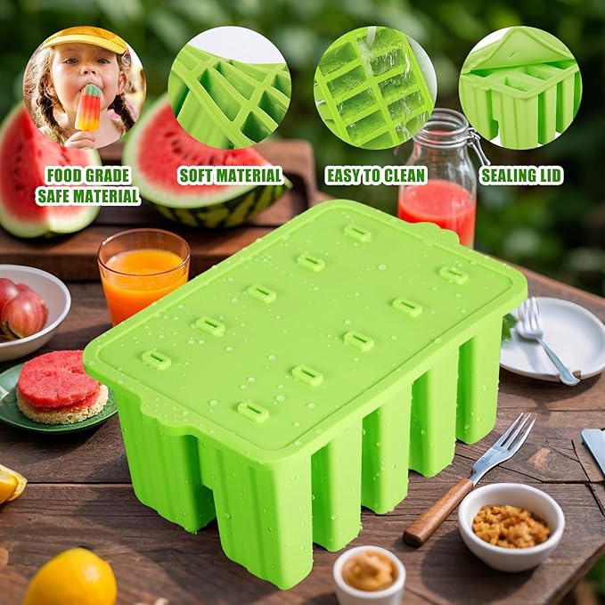 Popsicles Molds,10-Cav Silicone Popsicle Molds for Kid, BPA-Free Popsicle Mold, Ice Pop Mold Maker, Food Preparation Molds With 50 Bags, 50 Strips and Funnel (#Green)