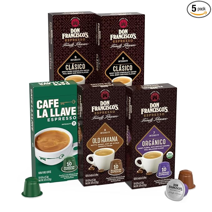 Don Francisco's and Cafe La Llave Espresso Capsule Variety Pack - 50 Recyclable Aluminum Pods Compatible with Nespresso Original Line Machines - Premium Coffee with 4 Flavors and Intensities