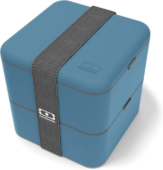 MONBENTO - Large Bento Box MB Square Denim with Compartments - Leakproof Lunch Box for Work or School or Meal Prep - BPA Free - Food Grade Safe - Blue