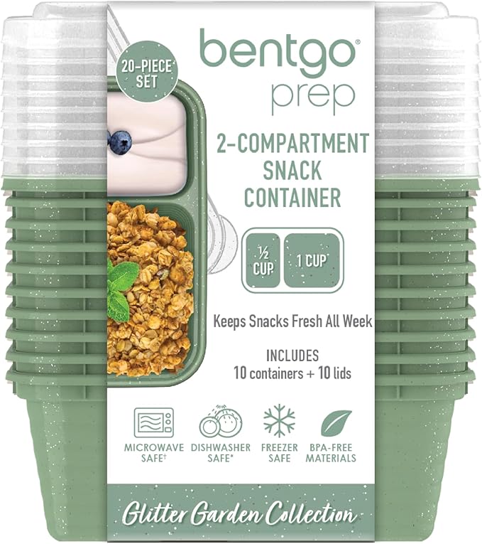 Bentgo Prep - 2-Compartment Snack Containers with Lids - Reusable, Microwaveable, Durable, PFAS & BPA-Free, Freezer, & Dishwasher-Safe Meal Prep Food Storage - 10 Trays & 10 Lids (Basil Glitter)