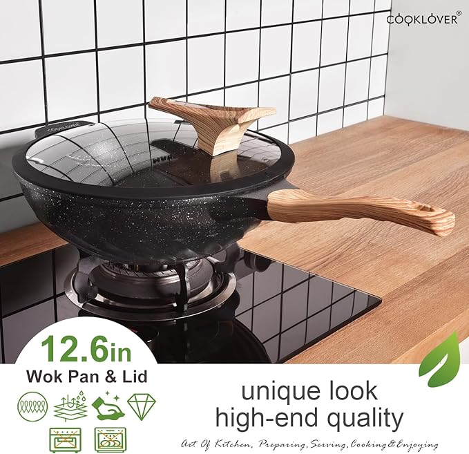 COOKLOVER Nonstick Woks And Stir Fry Pans Die-cast Aluminum Scratch Resistant 100% PFOA Free Induction Wok pan with Lid 12.6 Inch - Black