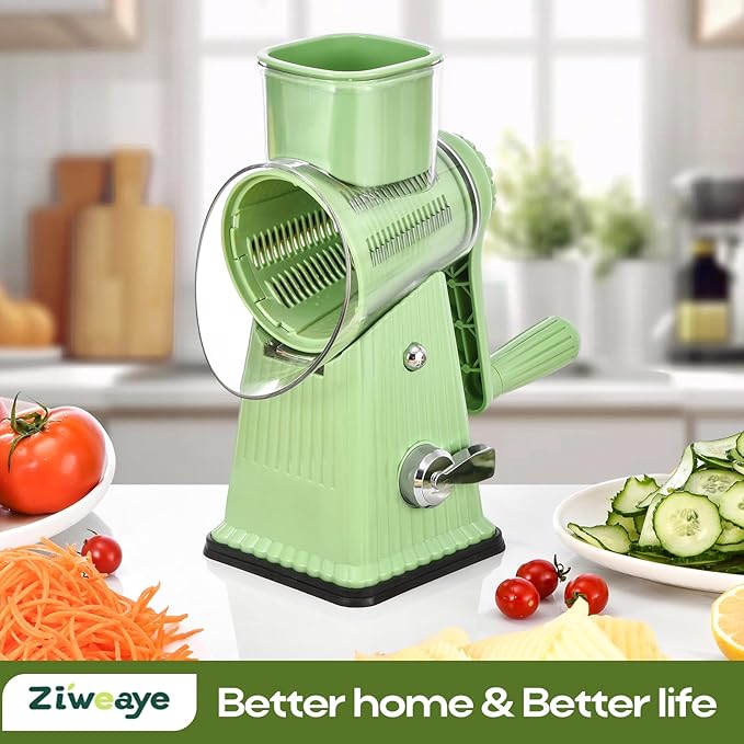 Xilrvna RotaryCheeseGrater,VegetableShredder 5 in 1 Cheese GraterwithHandleedderReinforcedSuction,EasytoClean,KitchenChopperforCrushedIce,Fruits and Nuts with Blade StorageCase（light green）