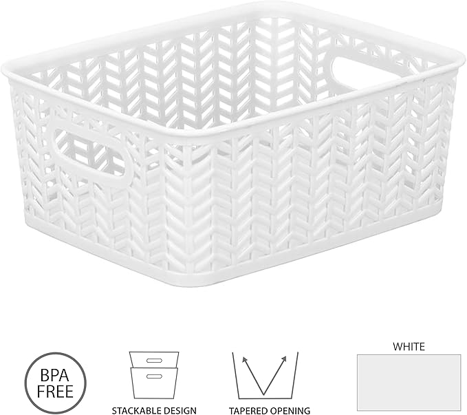 Simplify Small Herringbone Bin Storage Tote Basket Organizer Decorative, Good for Closets, Countertops, Desks, Dressers, Accessories, Cleaning Products, Sports Equipment, Toys, White