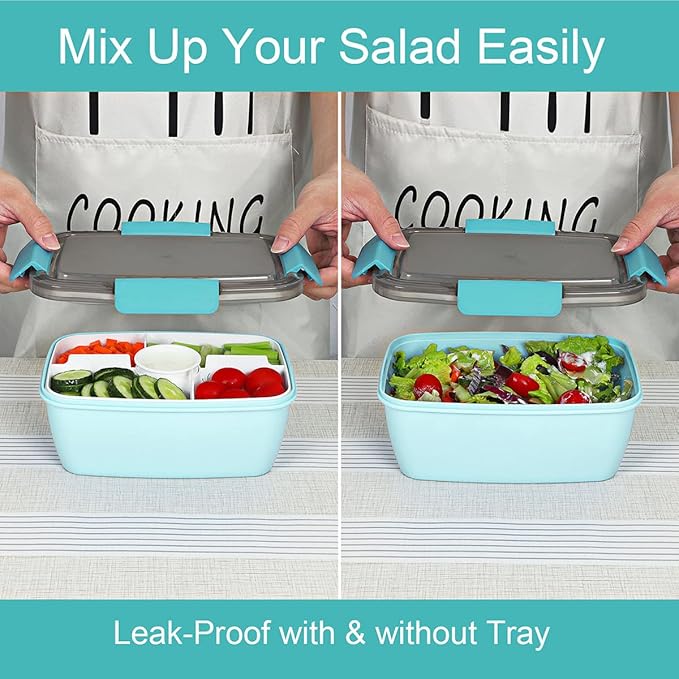 Caperci Large Salad Container Bowl for Lunch - Better Adult Bento Lunch Box 68 oz, 5-Compartment Tray, 2pcs 3-oz Sauce Cups, Stackable, BPA-Free (Aqua Sky)