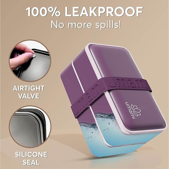 Umami Bento Box Adult All-In-1 w/4 Utensils, 2 Sauce Jars, 2 Dividers, 100% Leakproof, Microwave & Dishwasher Safe, Stackable Bento Lunch Box Containers for Men/Women, Royal Purple, 40 oz
