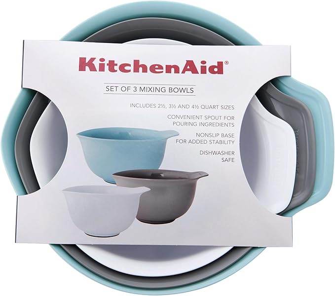KitchenAid Universal Nesting Plastic Mixing Bowls, Set of 3, 2.5 quart, 3.5 quart, 4.5 quart, Mulitcolored